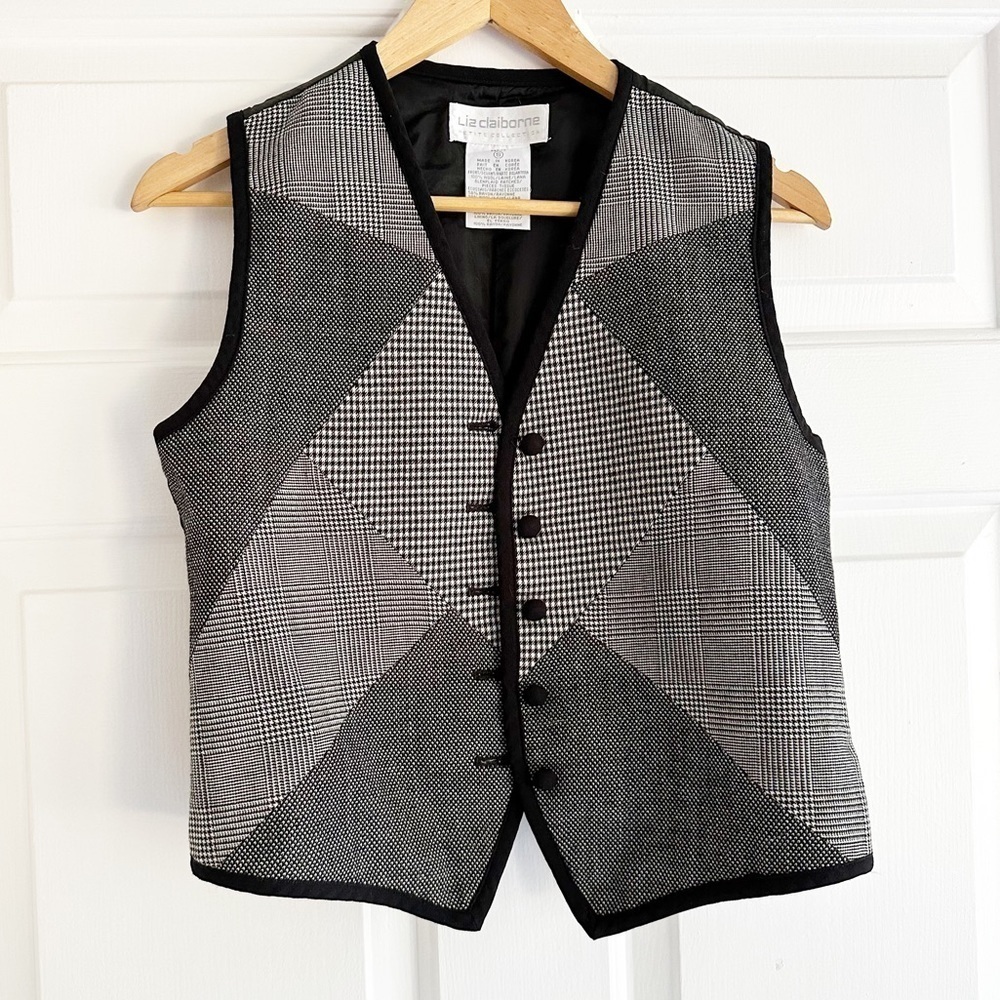 Liz Claiborne Y2K Retro Check Houndstooth Fitted Wool Vest